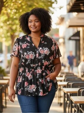 torrid Black Floral Button-Front Smocked Peplum Top